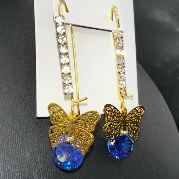 Betsey Johnson Gold and Blue Butterfly Drop Earrings - Picture 3 of 4